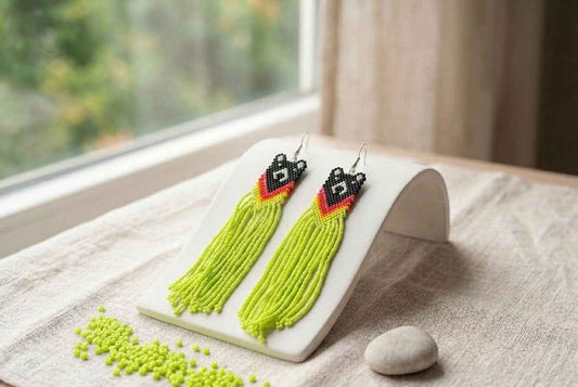 Green- Yellow Native Bear Beaded Earrings