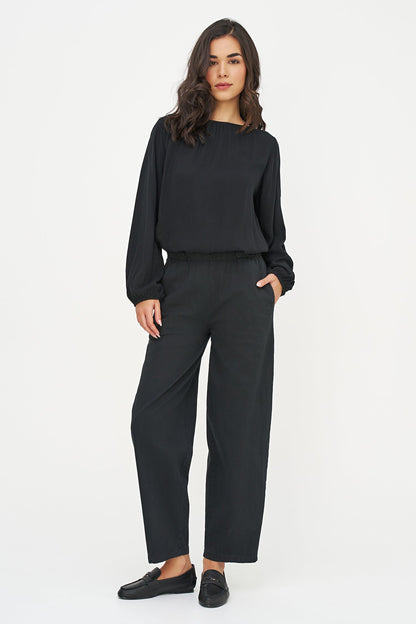 Women's Woven Boat-Neck Top, with Long Sleeves & Gathers At The Collar