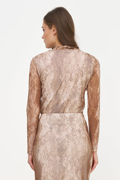 Women's Mesh-Knit Printed Top, with a Mock Neckline & Long Sleeves