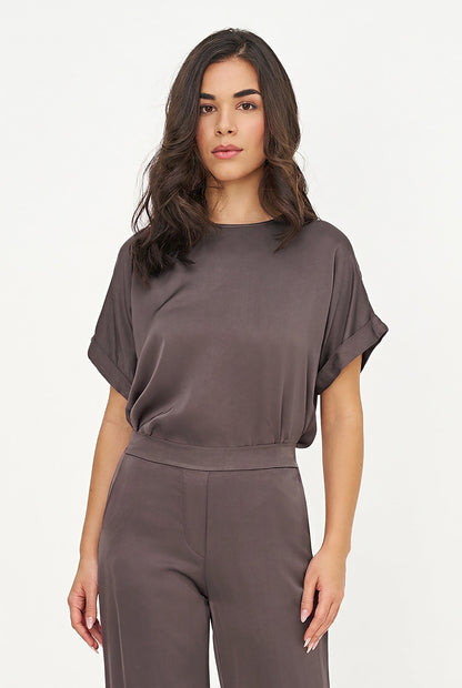 Women's Woven Crew-Neck Top, Short Cuffed Sleeves & Back Button
