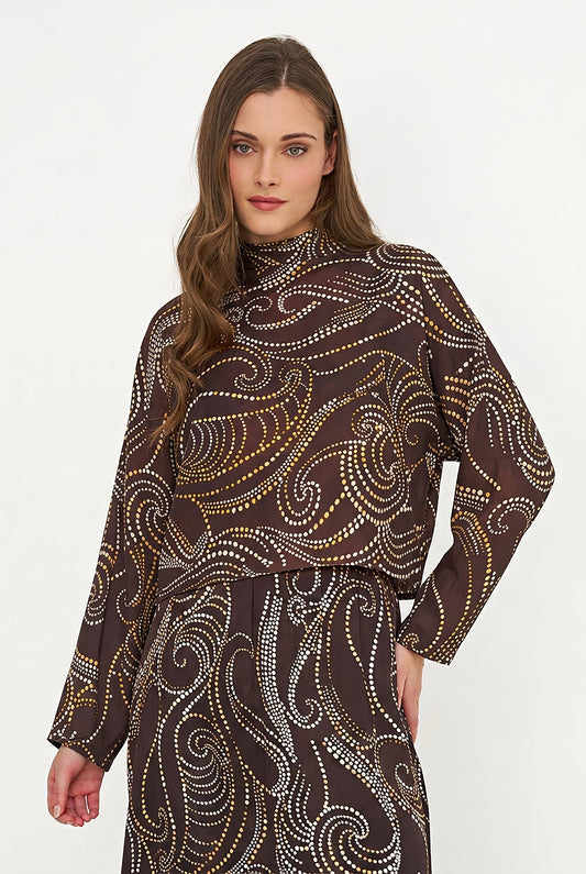 Women's Printed Woven Mock-Neck Caftan Top with Long Sleeves