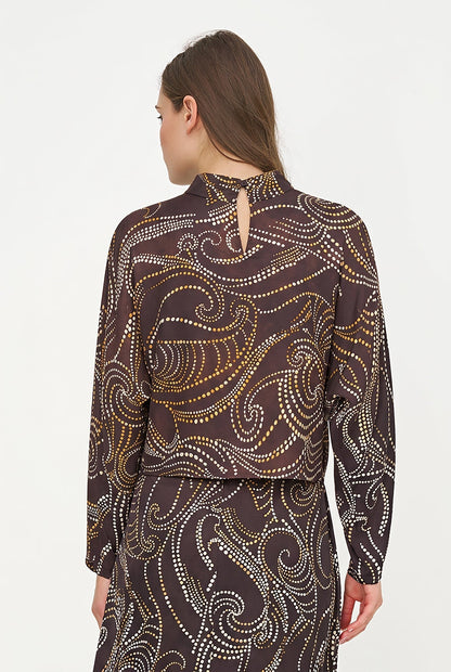Women's Printed Woven Mock-Neck Caftan Top with Long Sleeves