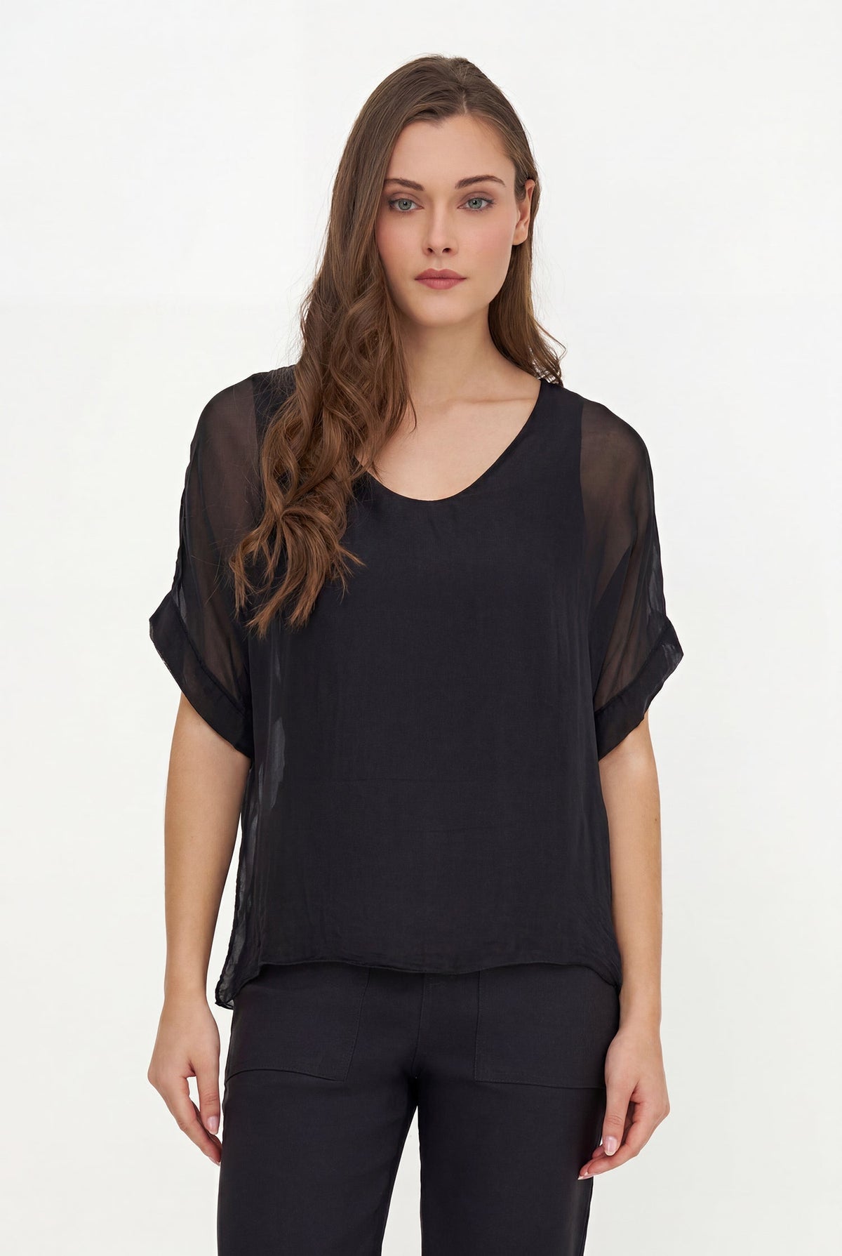 Women's Woven V-Neckline Top, with Short Sleeves
