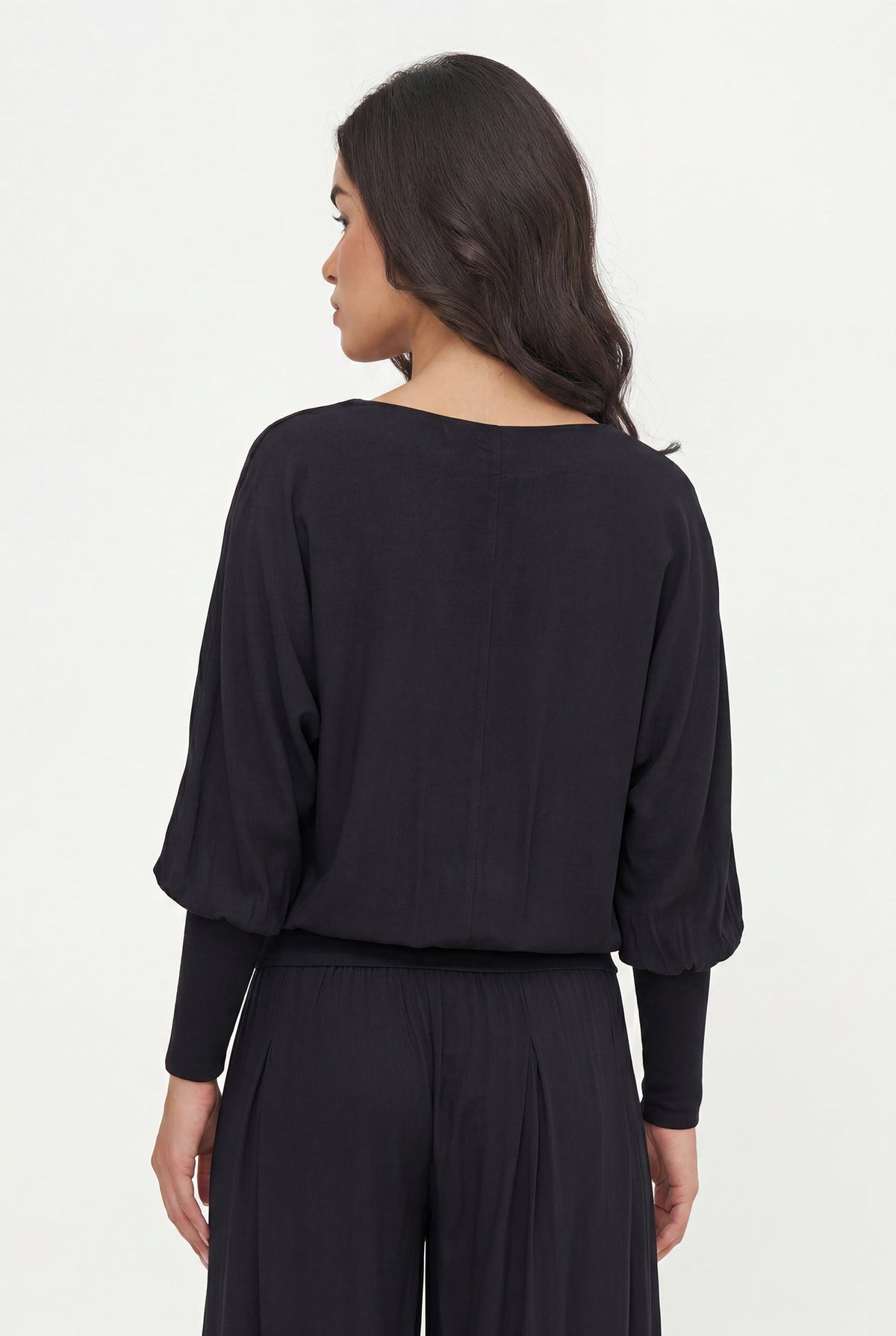 Women's Woven V-Neck Top, with Long Sleeves, Jersey Cuffs & a Jersey Waistband Creating a Bubbled Effect