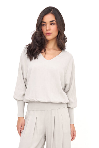 Women's Woven V-Neck Top, with Long Sleeves, Jersey Cuffs & a Jersey Waistband Creating a Bubbled Effect