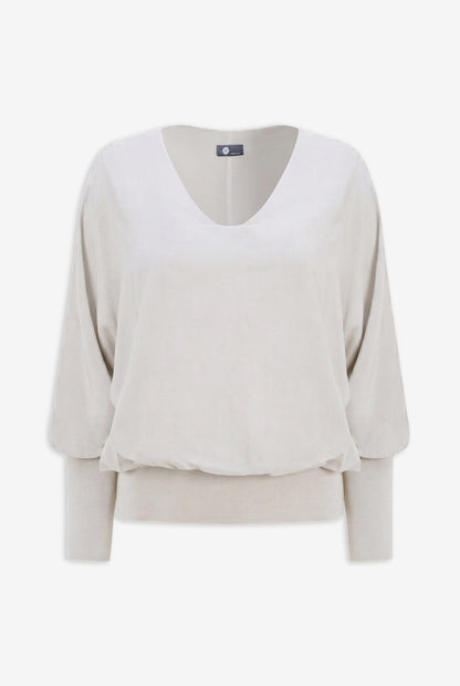 Women's Woven V-Neck Top, with Long Sleeves, Jersey Cuffs & a Jersey Waistband Creating a Bubbled Effect
