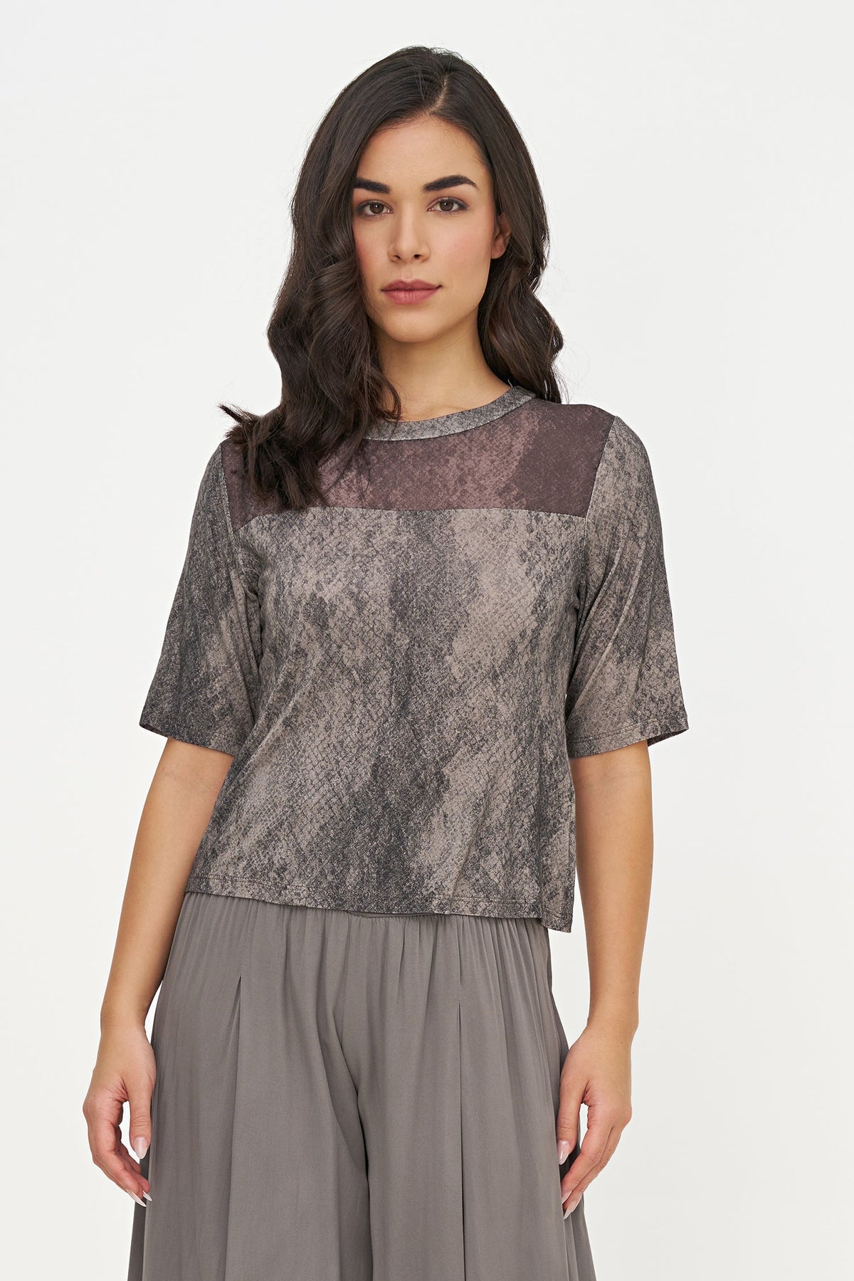 Women's Buttery-Soft Printed Knit Crew-Neck Top, with Elbow Length Sleeves & a Woven Sheer Crepe Front Yoke Detailing