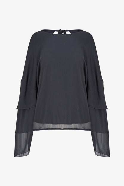 Women's Woven Crew-Neck Top with Long Layered Bell Sleeves