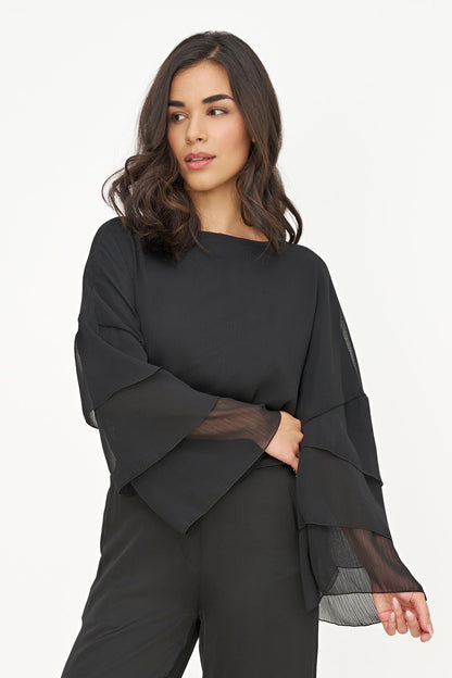 Women's Woven Crew-Neck Top with Long Layered Bell Sleeves