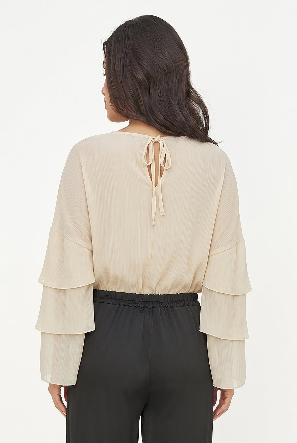 Women's Woven Crew-Neck Top with Long Layered Bell Sleeves