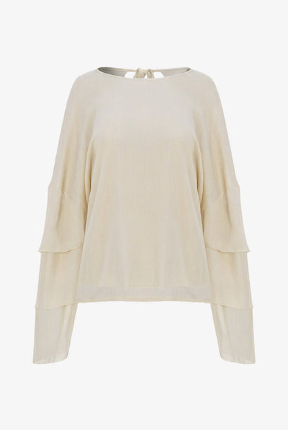 Women's Woven Crew-Neck Top with Long Layered Bell Sleeves