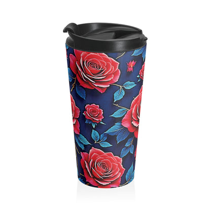 Red Rose Floral Pattern Stainless Steel Travel Mug - AURABAGS SHOP