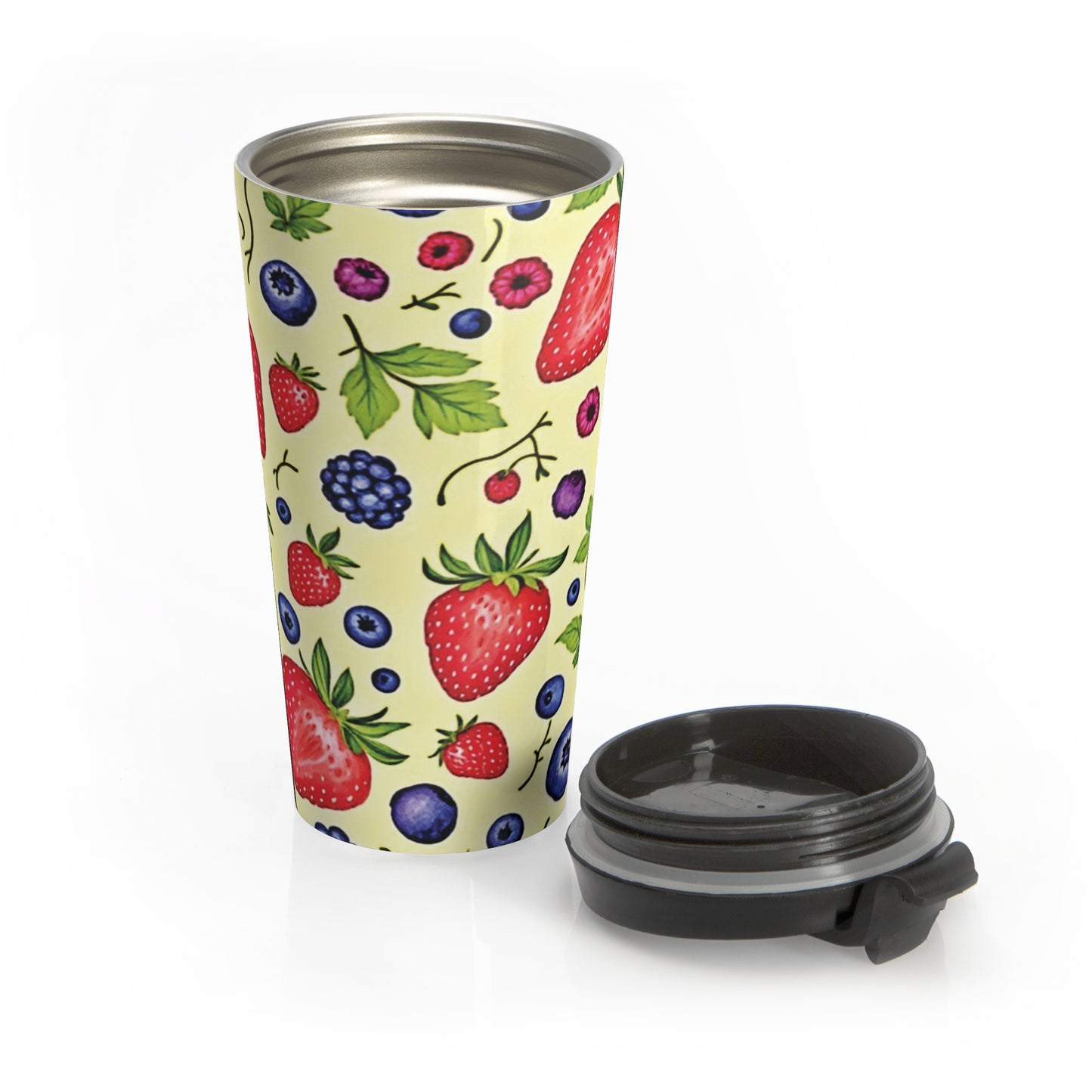 Strawberry & Berry Pattern Stainless Steel Travel Mug — Insulated Fruit Print Tumbler
