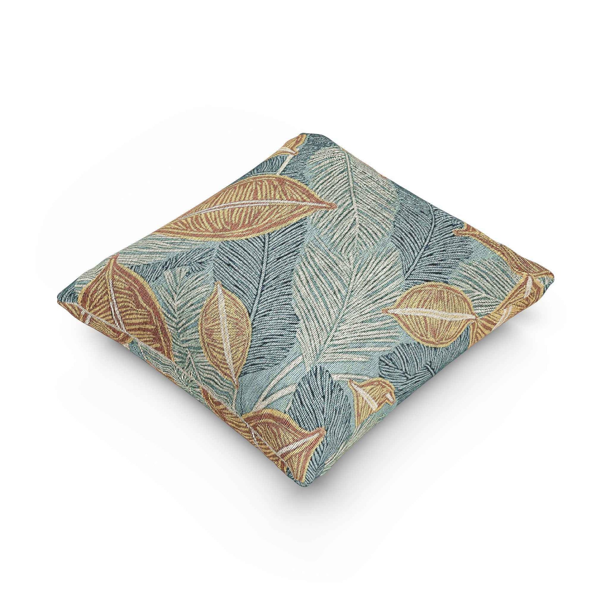 Tropical Leaf Woven Pillow | Teal Rust Boho Decorative Throw