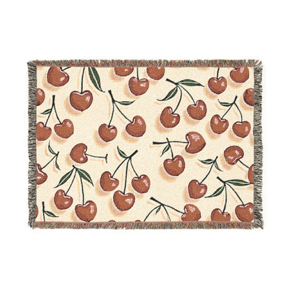 Cherry Pattern Woven Blanket — Retro Fruit Throw for Living Room & Bedroom