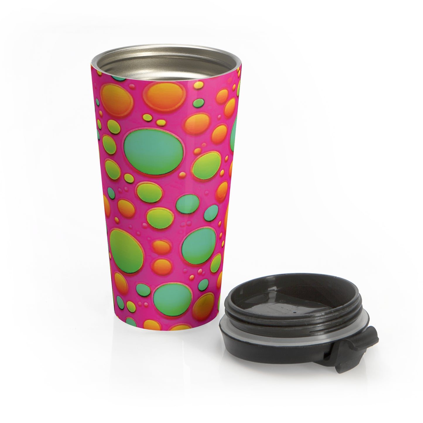 Colorful Bubble Pattern Travel Mug — Bright Pink Neon Insulated Tumbler