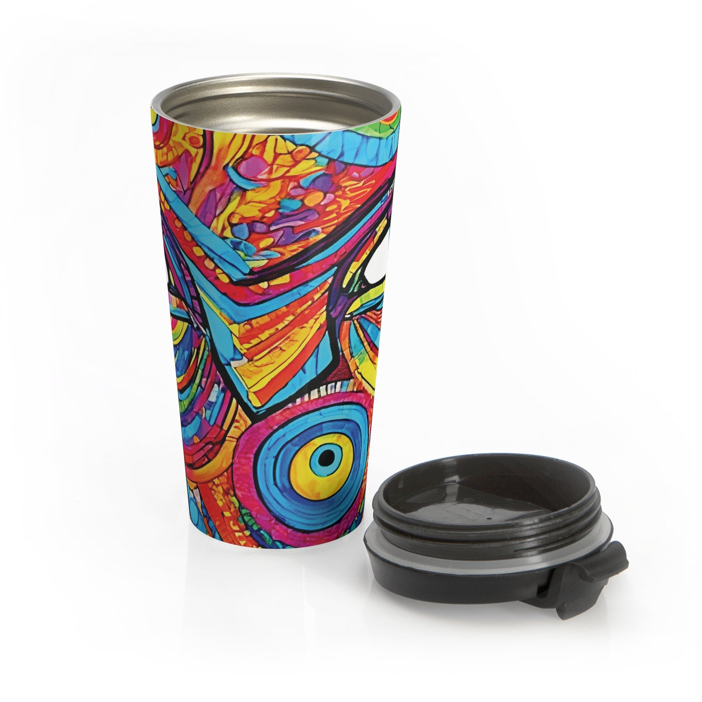 Colorful Abstract Face Travel Mug — Vibrant Psychedelic Stainless Steel Tumbler