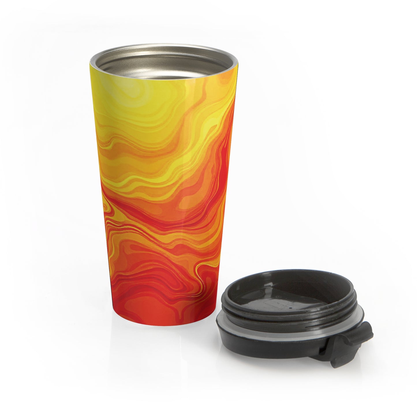 Sunset Swirl Stainless Steel Travel Mug — Insulated Orange & Yellow Marble Drink Tumbler