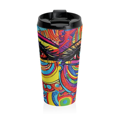 Colorful Abstract Face Travel Mug — Vibrant Psychedelic Stainless Steel Tumbler