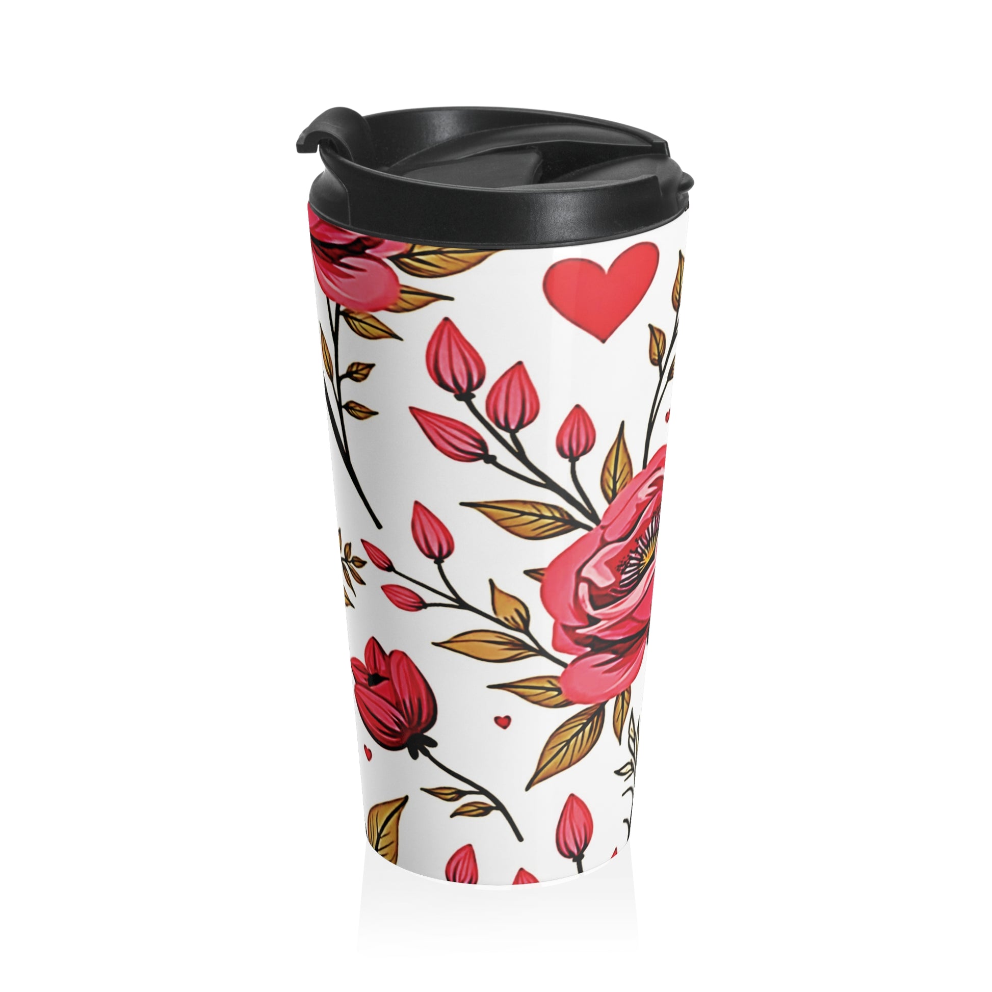 Red Rose Floral Pattern Travel Mug | Stainless Steel Tumbler - AURABAGS SHOP