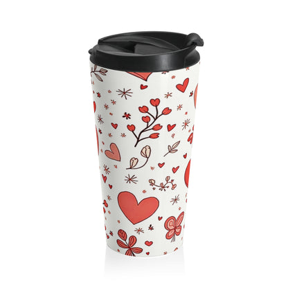 Hand-Drawn Hearts Travel Mug | Valentine Butterfly Floral Stainless Steel - AURABAGS SHOP