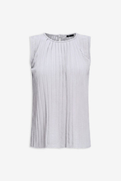 Women's Woven Crew-Neck Sleeveless Pleated Top, with a Button Closure At The Back Collar