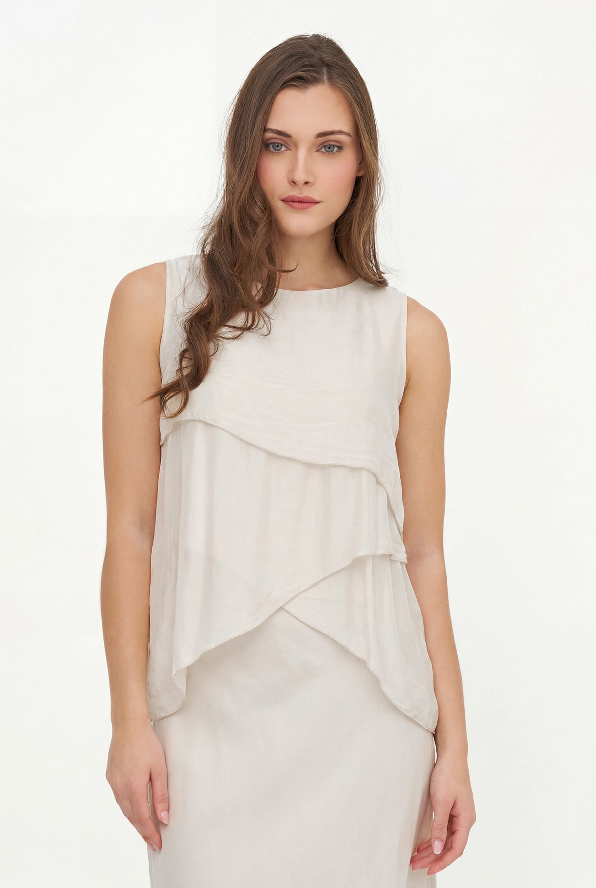 Women's Woven Sleeveless Top, with Petal-Detailed Front Panels, a Crew-Neckline & a Button Detail At The Back Collar