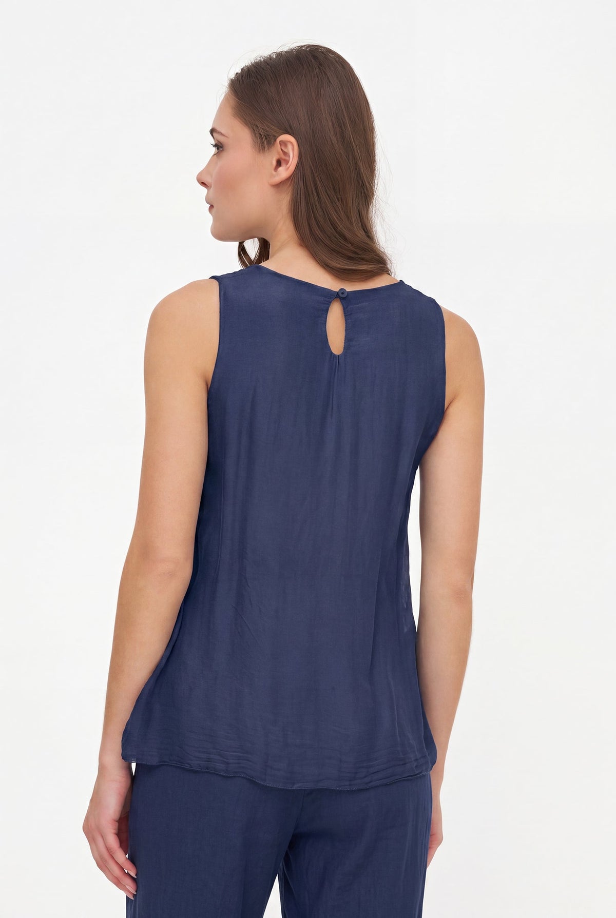 Women's Woven Sleeveless Top, with Petal-Detailed Front Panels, a Crew-Neckline & a Button Detail At The Back Collar