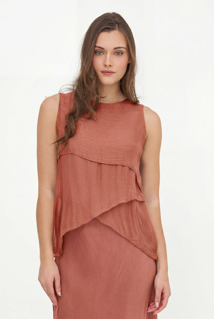 Women's Woven Sleeveless Top, with Petal-Detailed Front Panels, a Crew-Neckline & a Button Detail At The Back Collar
