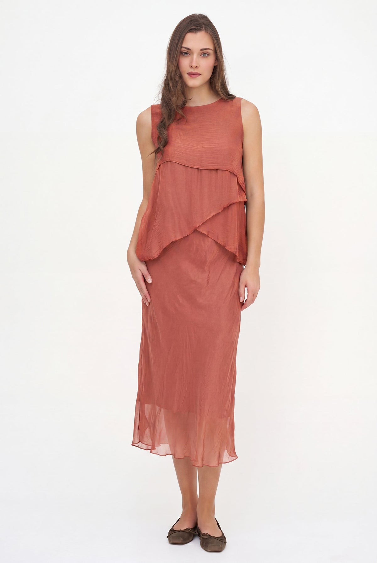 Women's Woven Sleeveless Top, with Petal-Detailed Front Panels, a Crew-Neckline & a Button Detail At The Back Collar