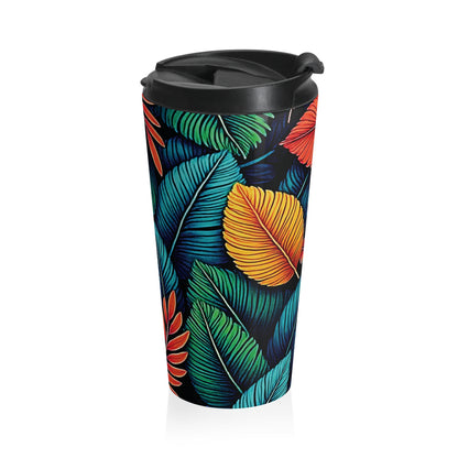 Tropical Leaf Pattern Travel Mug | Colorful Botanical Stainless Steel - AURABAGS SHOP