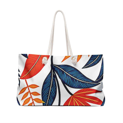 Bold Red Blue Tropical Leaves Weekender Bag | Leaf Print Tote