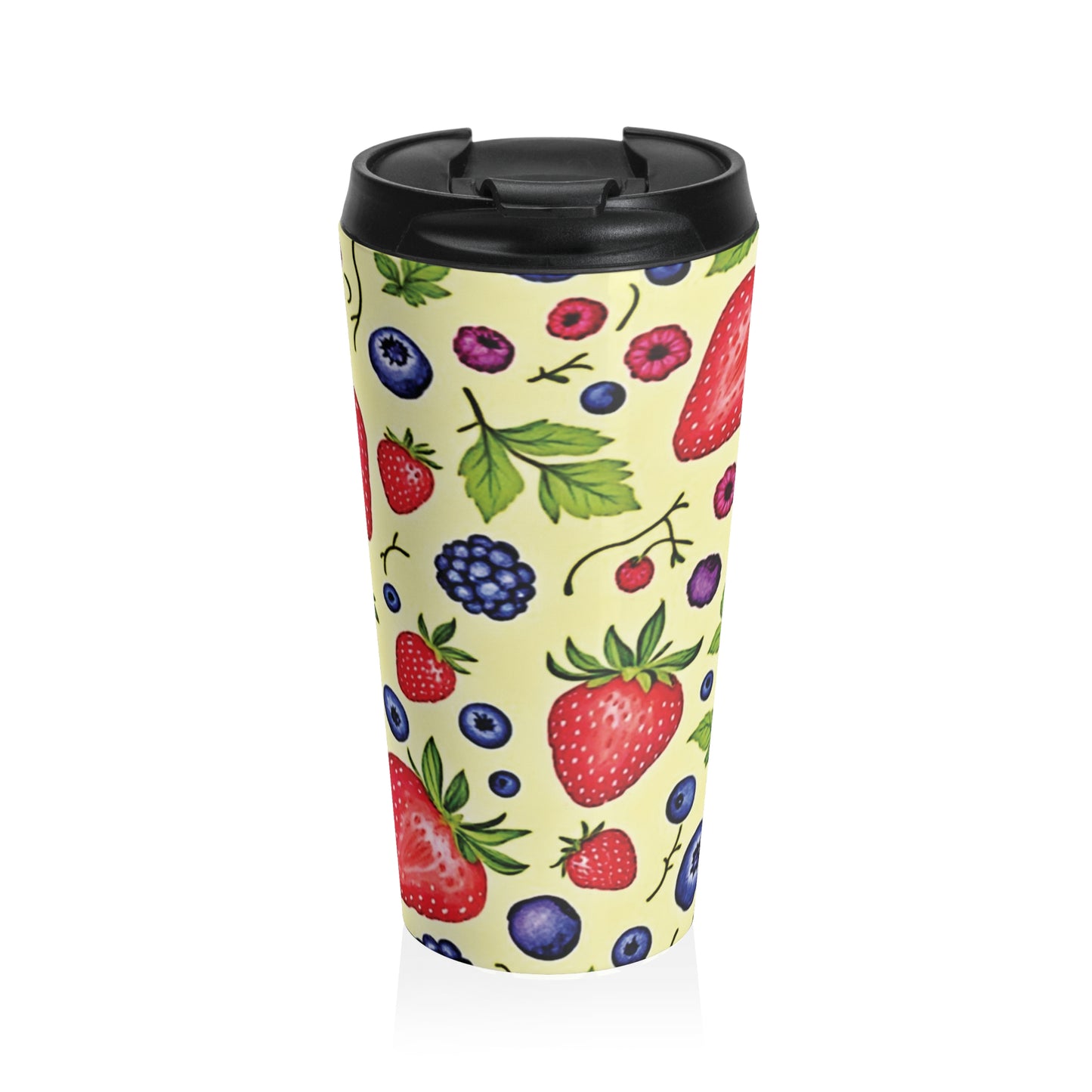 Strawberry & Berry Pattern Stainless Steel Travel Mug — Insulated Fruit Print Tumbler