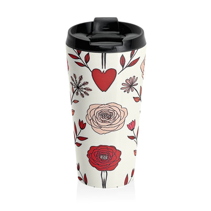 Hand-Drawn Red Heart Floral Stainless Steel Travel Mug | Valentine Pattern - AURABAGS SHOP