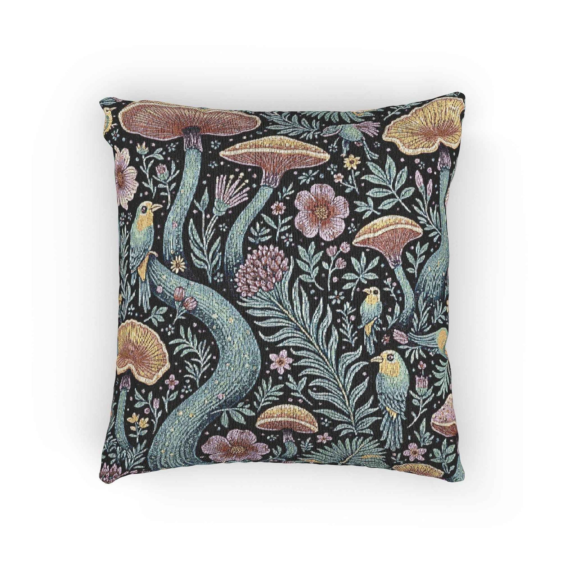 Mushroom and Fern Tapestry Pillow | Woven Decorative Throw Pillow
