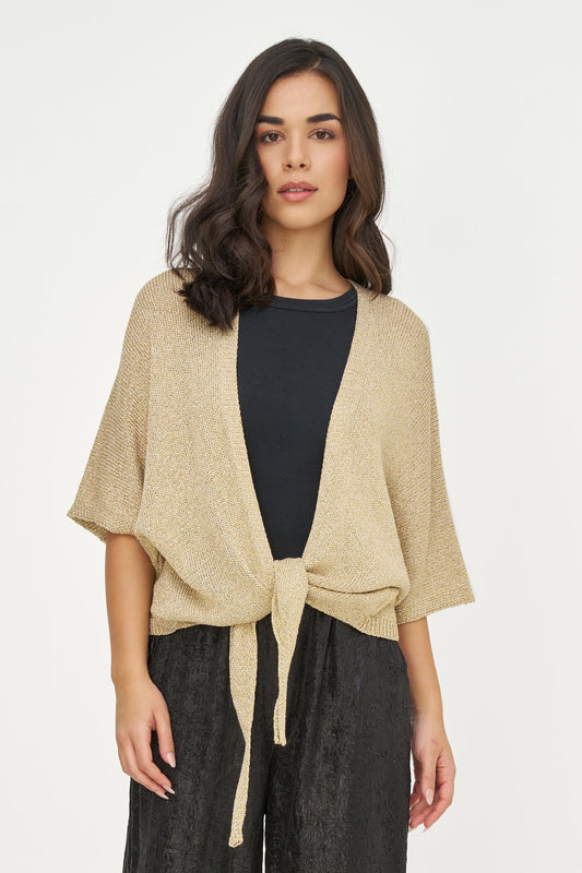 Women's Lurex Open Knit Cardigan, 3/4 Sleeves & Self-Tie Front