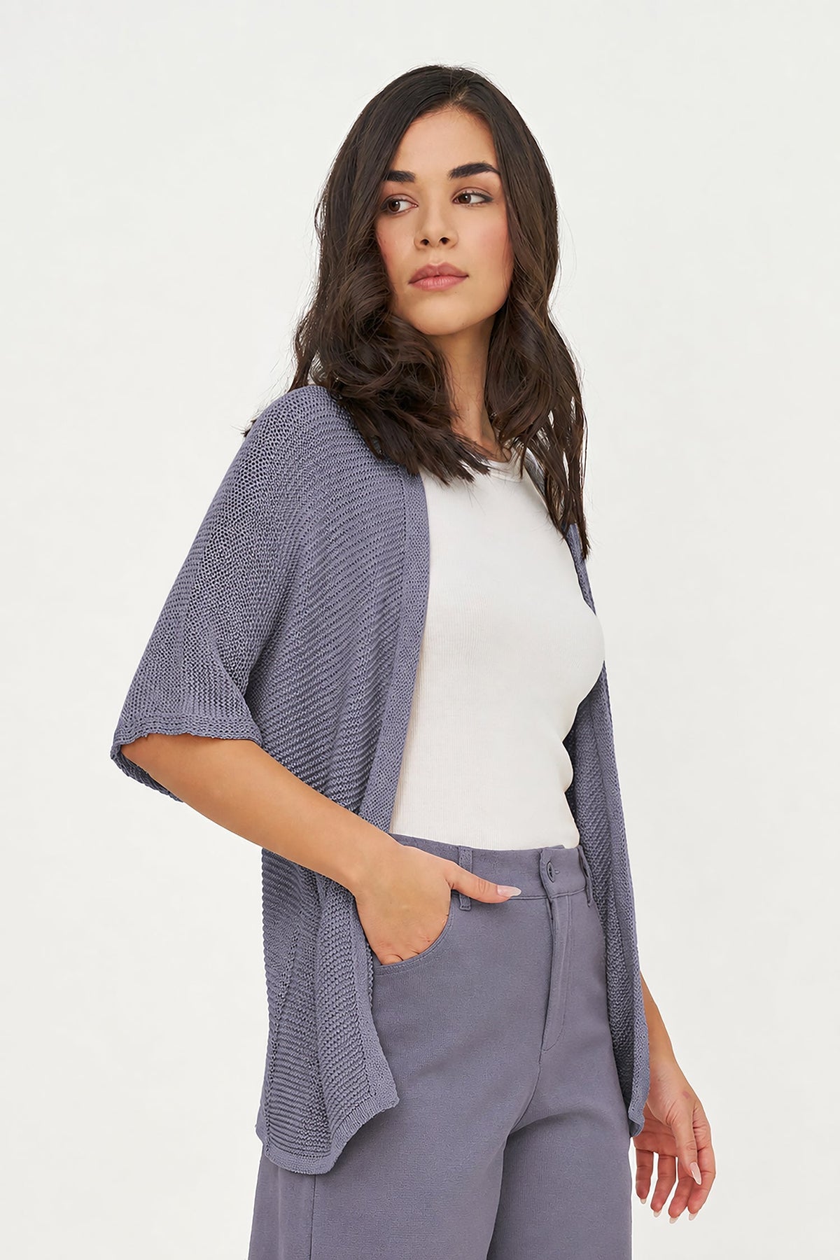 Women's Knit Open Cardigan with Elbow-Length Sleeves
