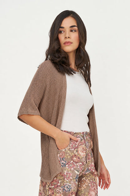 Women's Knit Open Cardigan with Elbow-Length Sleeves