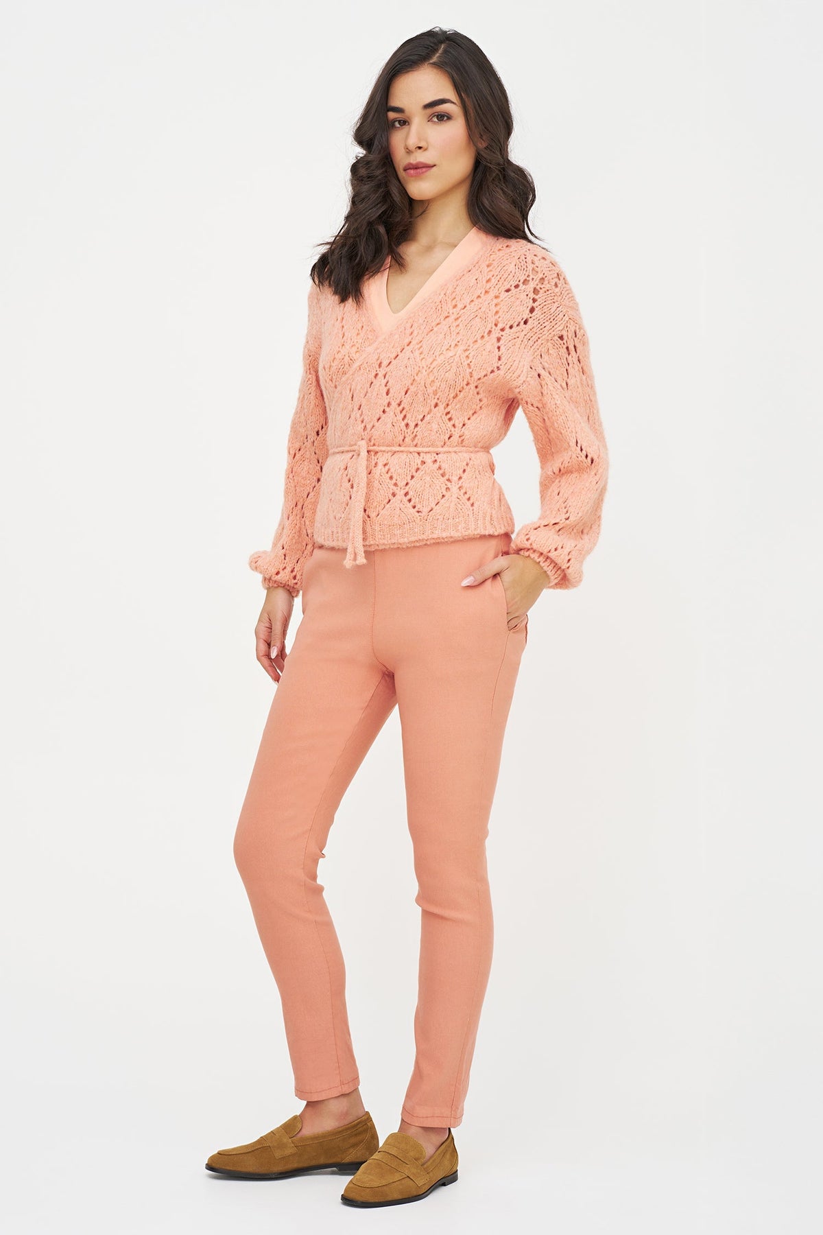 Women's Open-Crochet Knit Wrapped Cardigan, with Long Sleeves & a Thick-Corded Self-Tie Detailing At The Waist