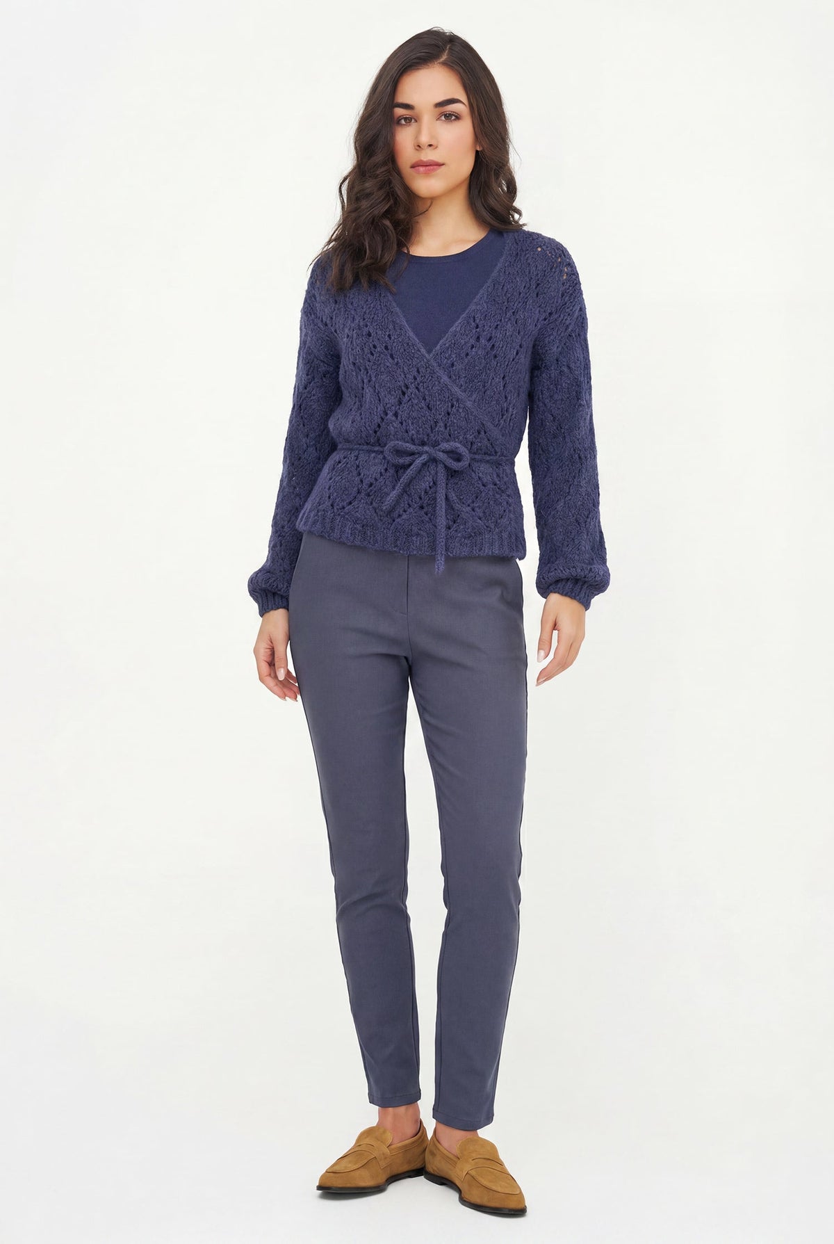 Women's Open-Crochet Knit Wrapped Cardigan, with Long Sleeves & a Thick-Corded Self-Tie Detailing At The Waist
