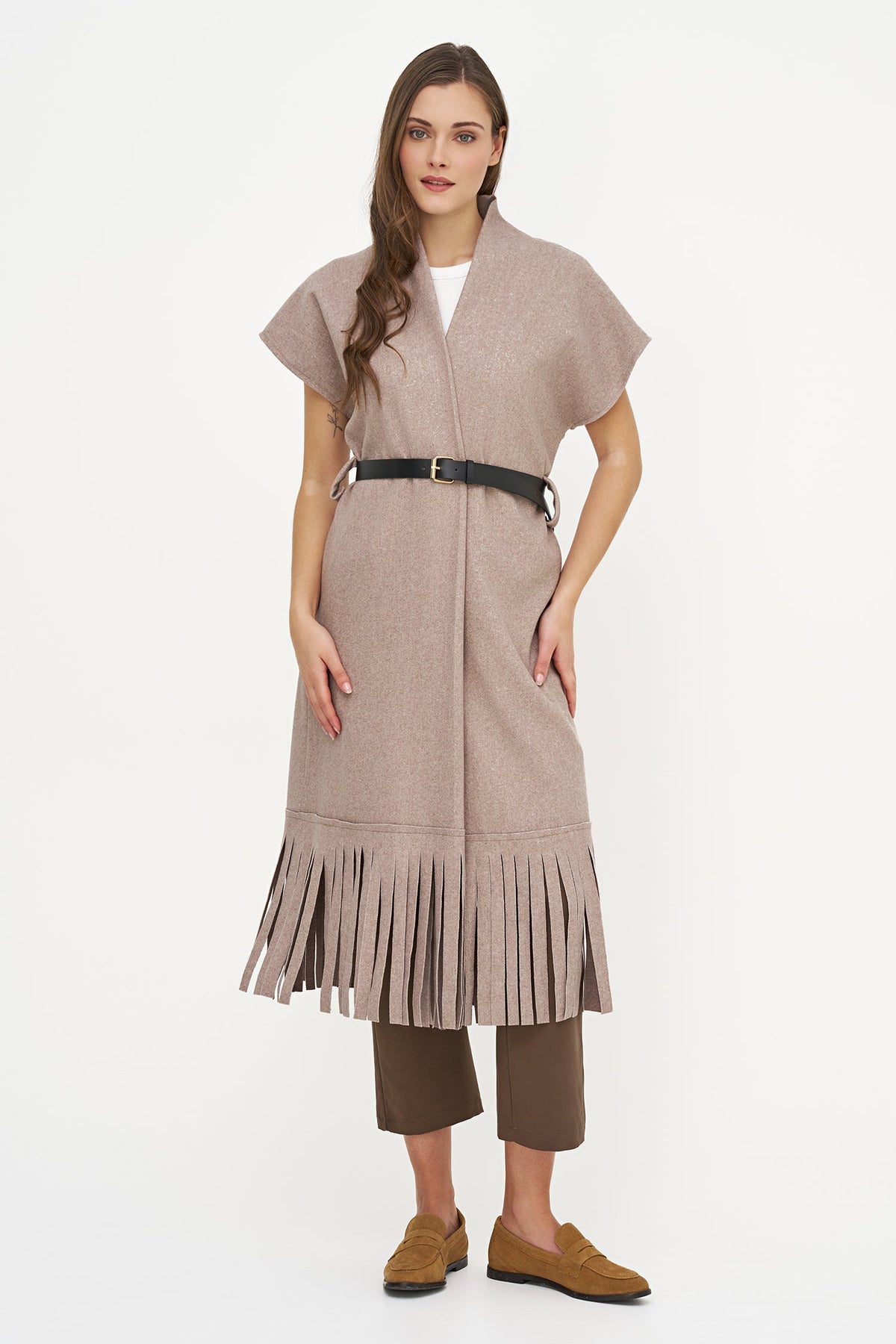 Women's Brushed Woven Open Cardigan with Fringe Hem & Removable Belt