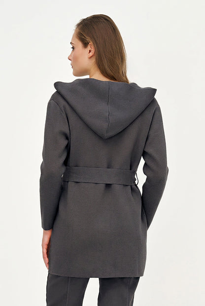 Women's Hooded Cardigan, Long Sleeves, Patch Pockets & Removable Belt