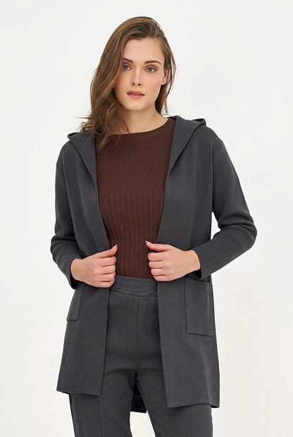 Women's Hooded Cardigan, Long Sleeves, Patch Pockets & Removable Belt