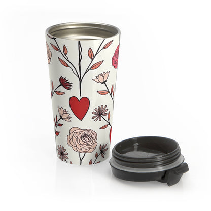Hand-Drawn Red Heart Floral Stainless Steel Travel Mug | Valentine Pattern - AURABAGS SHOP