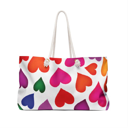 Colorful Heart Pattern Weekender Bag | Large Tote, Rainbow Hearts Travel Bag