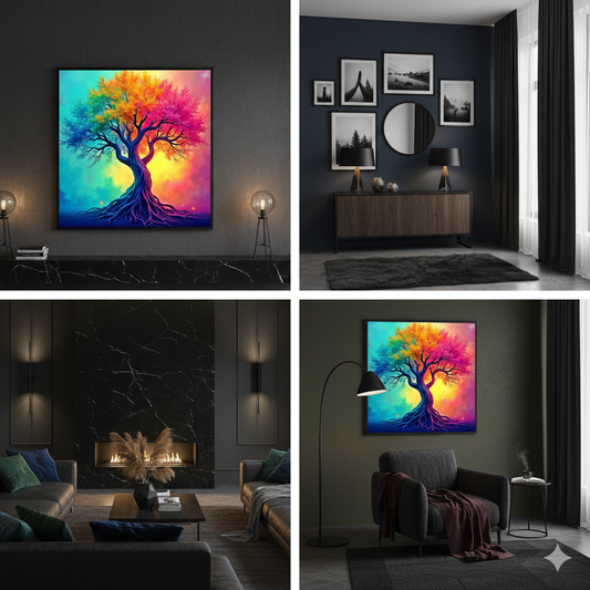 Vibrant Rainbow Tree of Life Digital Art Print – Surreal Nature Wall Decor