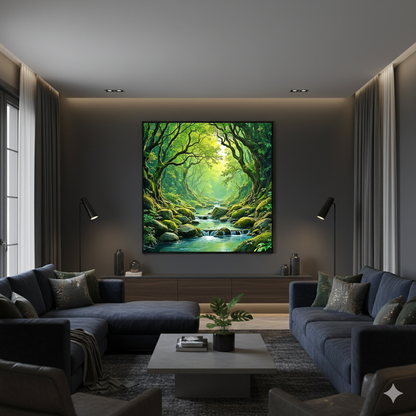 Enchanted Mossy Forest River – Ethereal Woodland Landscape Digital Art