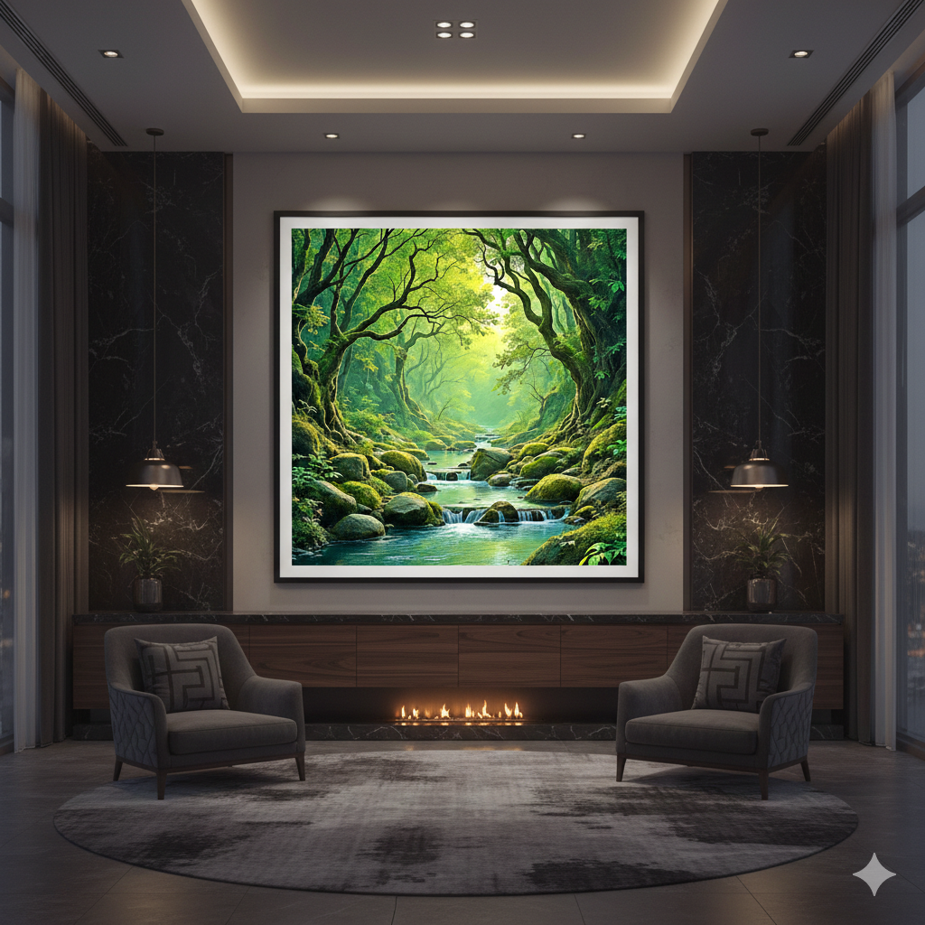 Enchanted Mossy Forest River – Ethereal Woodland Landscape Digital Art