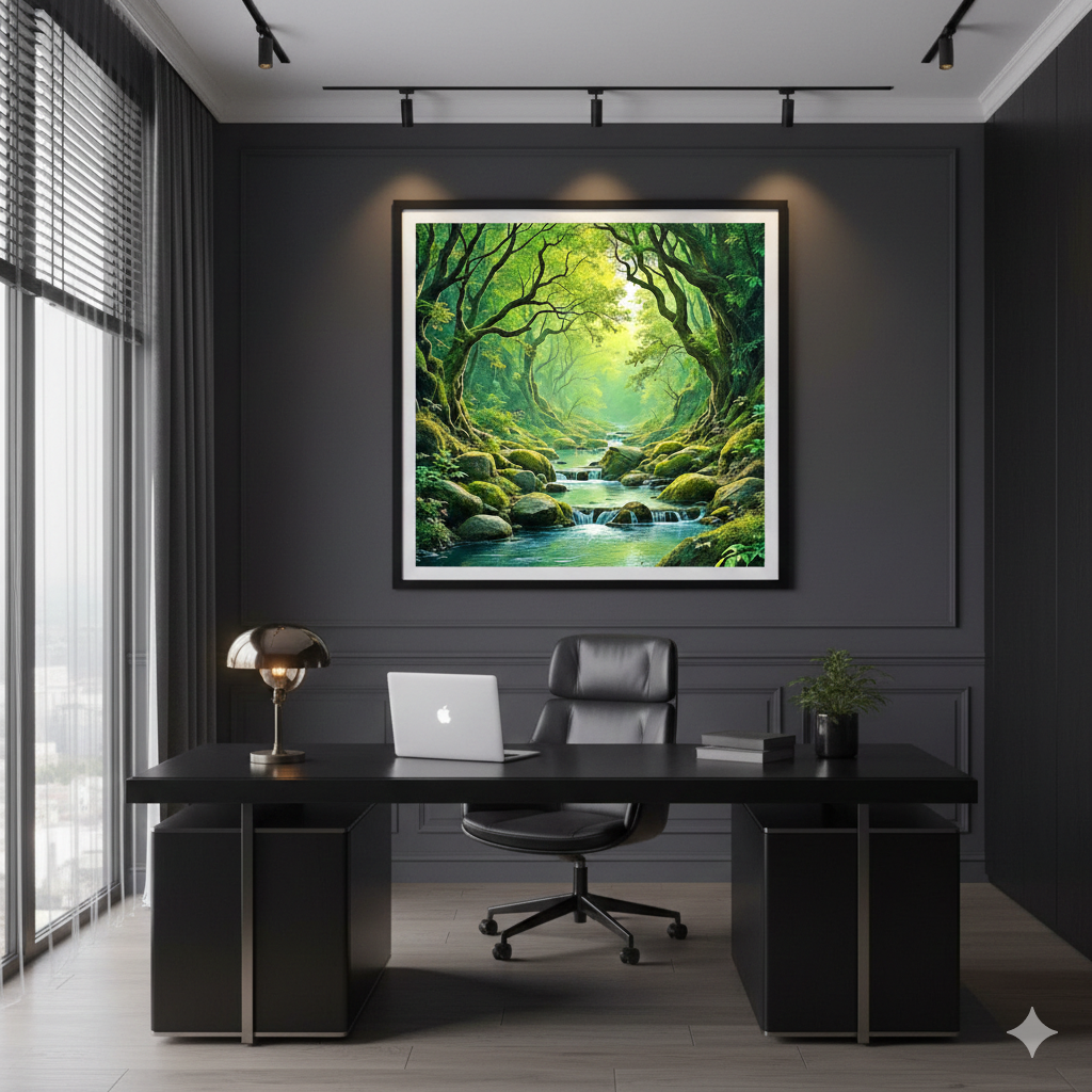 Enchanted Mossy Forest River – Ethereal Woodland Landscape Digital Art
