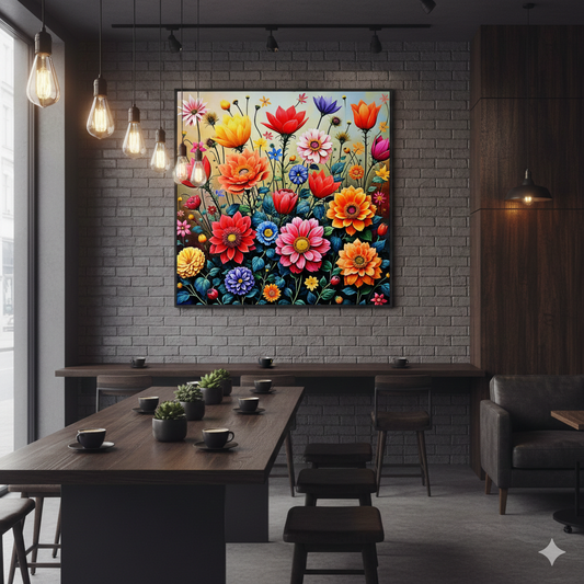 Vibrant Mid-Century Modern Wildflower Meadow Digital Art - 8192px Square